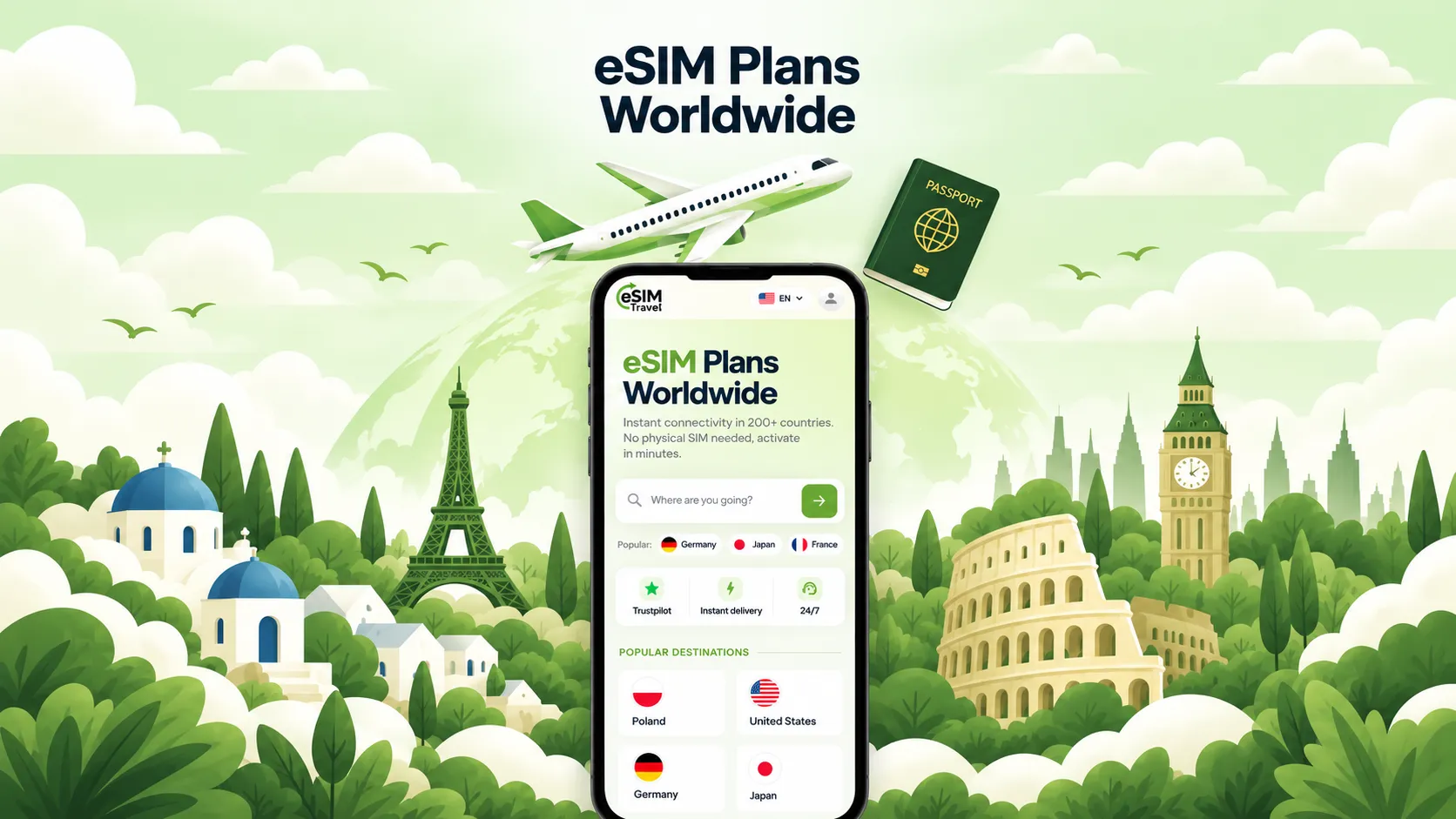 Smartphone showing an eSIM QR code next to the eSIM Travel logo