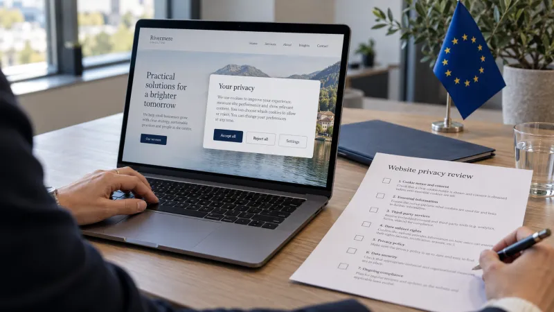 Web developer working at a desk with code and interface designs on several screens